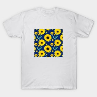 Pattern of yellow daisies on a navy blue base T-Shirt